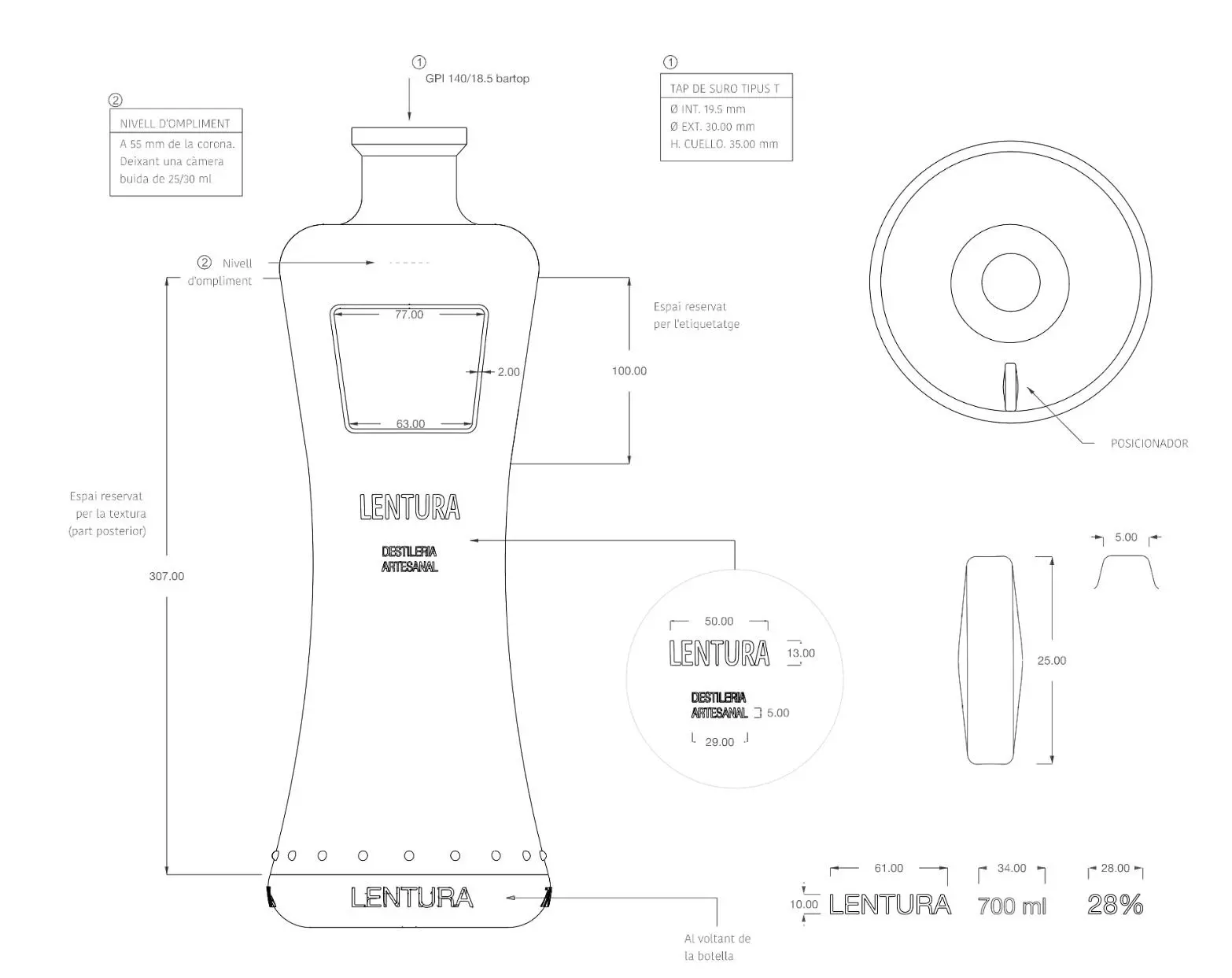 Plànol tècnic de la botella de licor