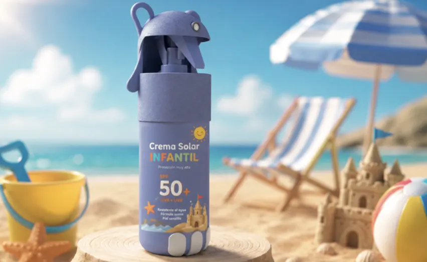 Envàs infantil de crema solar en un entorn de platja