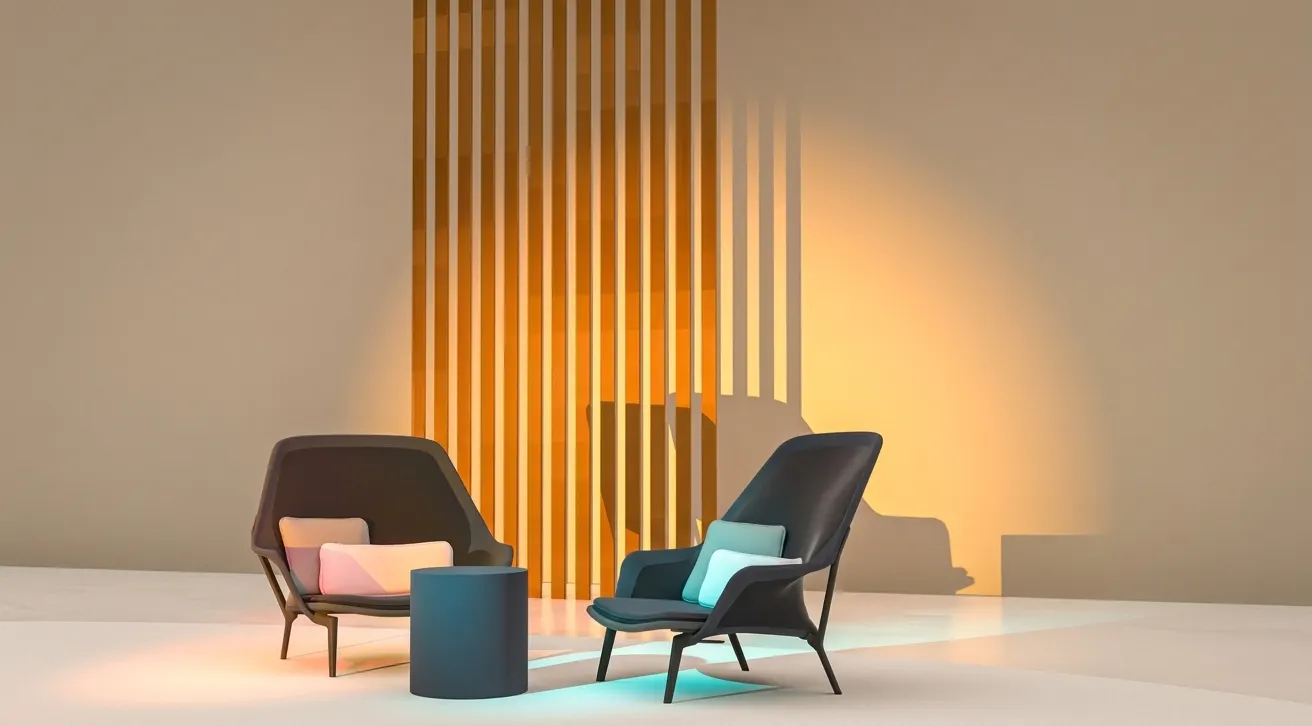 Ambient interior amb dues butaques i una gelosia il·luminada